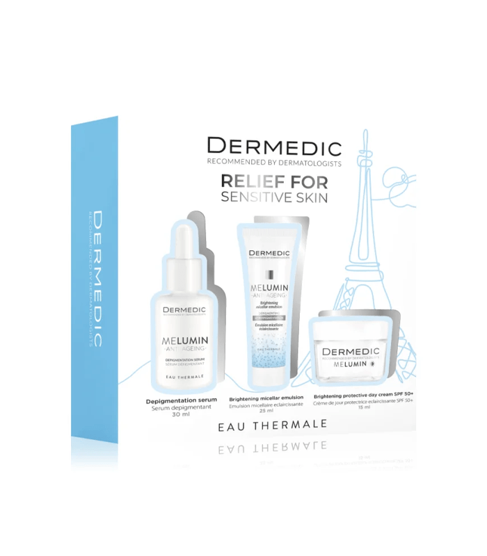 Dermedic Melumin set/depigmentacijski serum 30 ml+micelarna emulzija 25 ml+zastitna krema spf 50 15 m